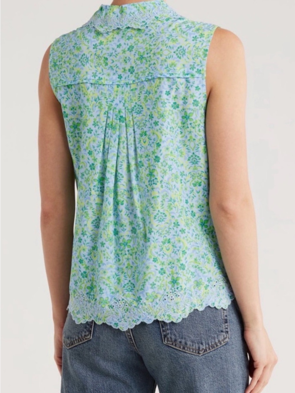 Democracy Sleeveless Scallop-Hem Floral Embroidered Top in Light Blue & Greens - Picture 2 of 9